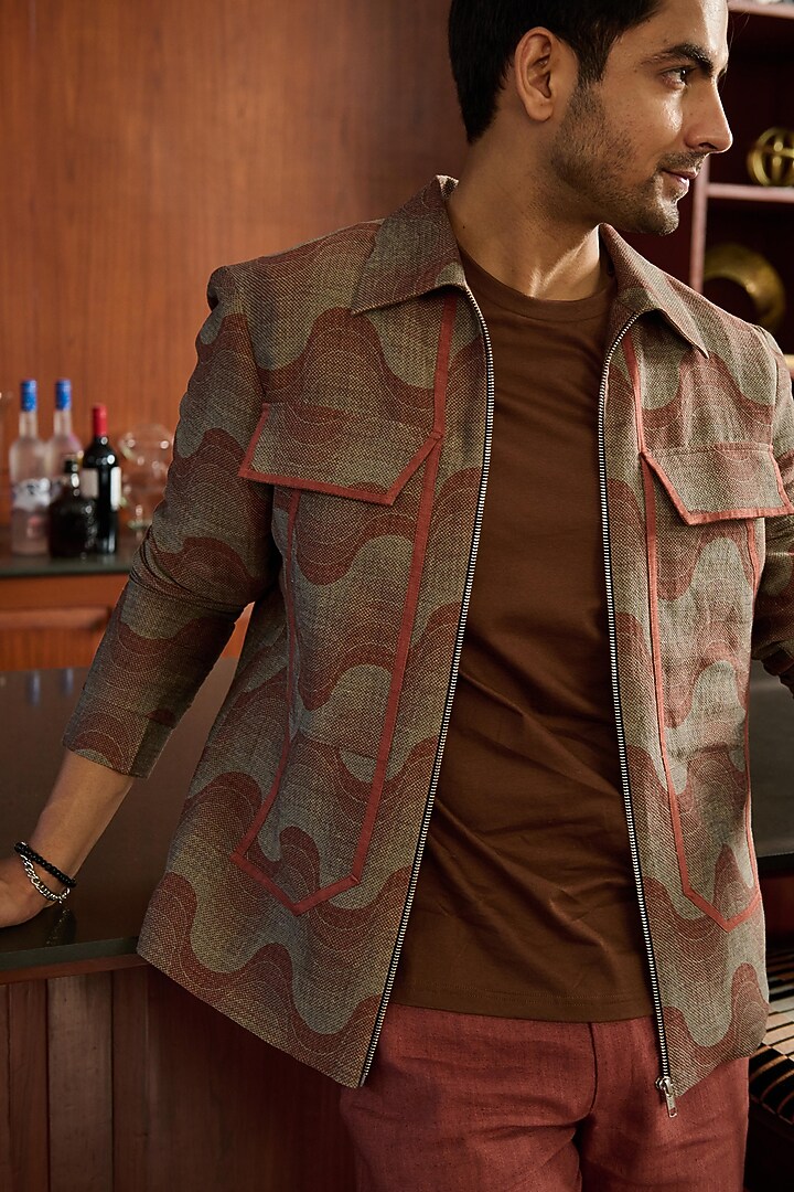 Rust Linen Printed Shacket by Philocaly at Pernia's Pop Up Shop