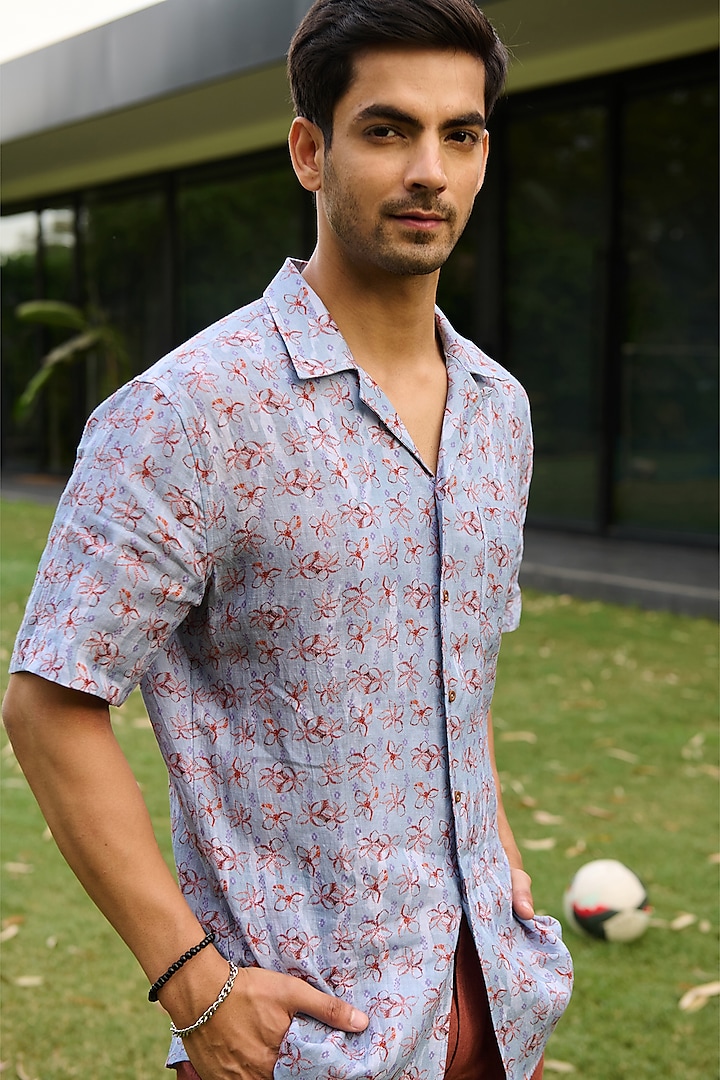 Blue Linen Printed Shirt by Philocaly