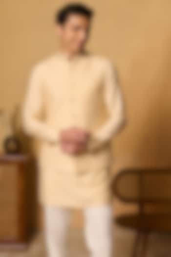 Yellow Cotton Blend Thread Work Bundi Jacket by Philocaly at Pernia's Pop Up Shop