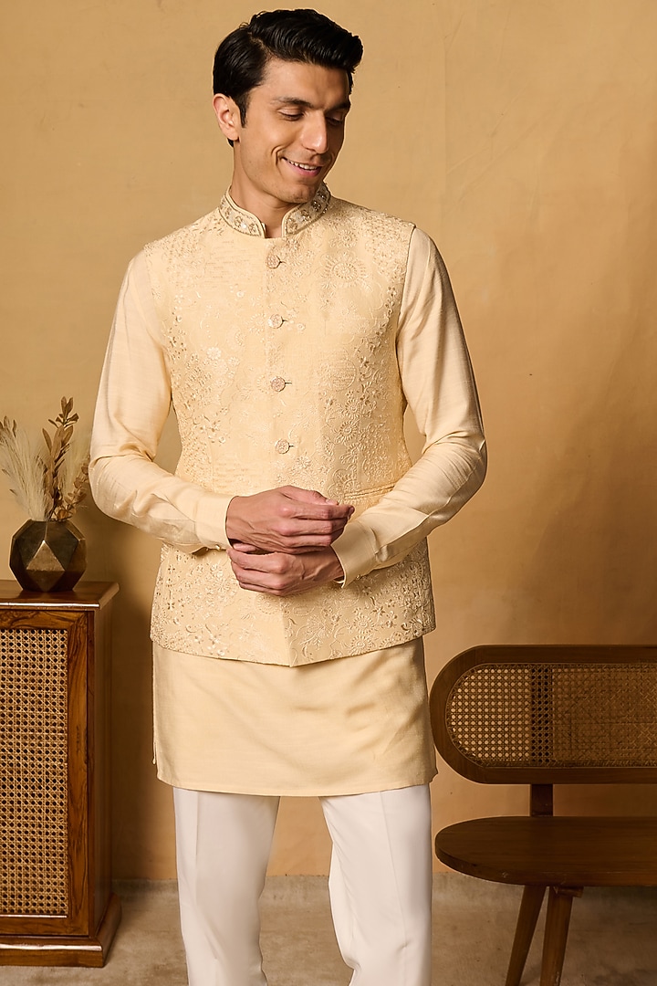 Yellow Cotton Blend Thread Work Bundi Jacket by Philocaly at Pernia's Pop Up Shop