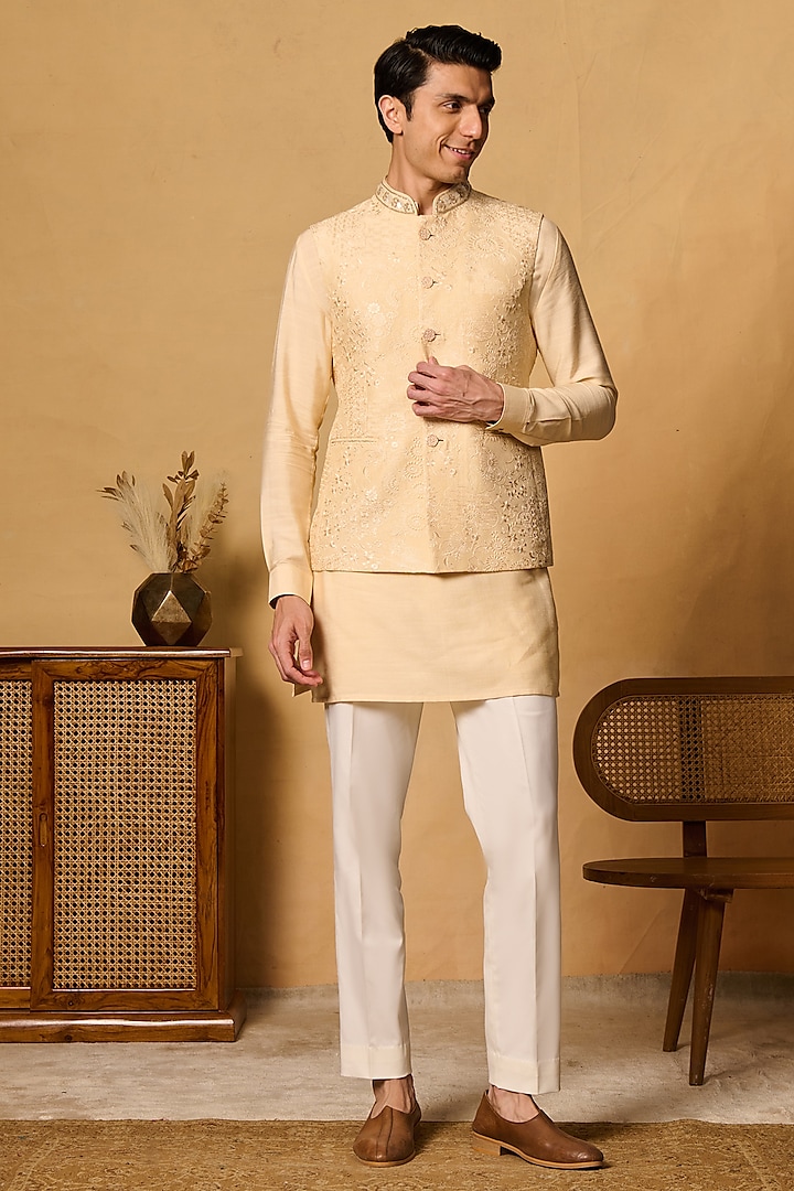 Beige Cotton Blend Thread Work Budni Jacket Set by Philocaly