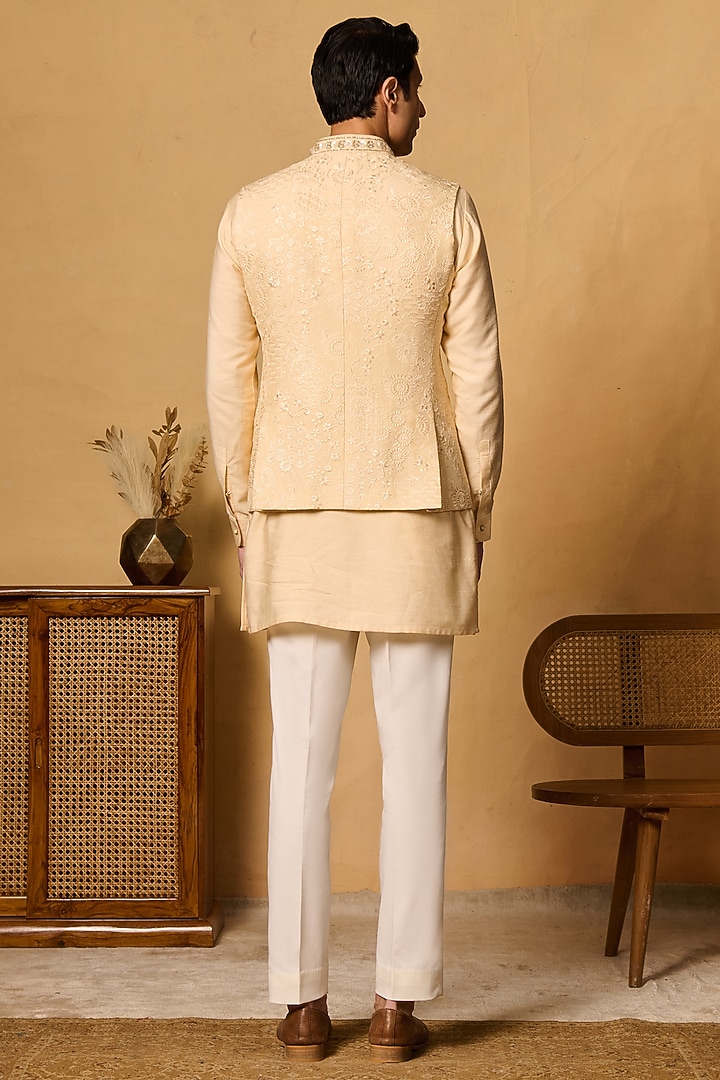 Beige Cotton Blend Thread Work Budni Jacket Set by Philocaly at Pernia's Pop Up Shop