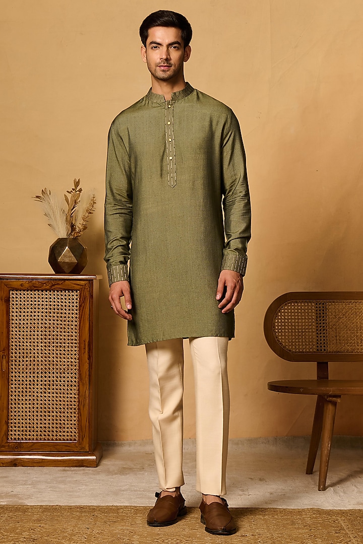 Dark Green Cotton Blend Dori Work Kurta by Philocaly