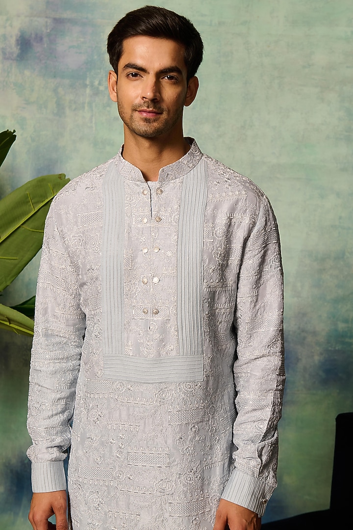 Light Blue Silk Blend Kurta by Philocaly at Pernia's Pop Up Shop