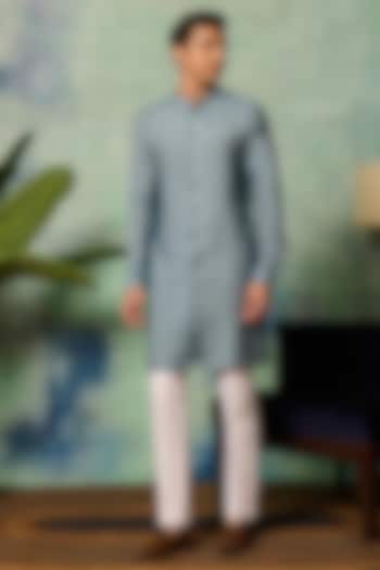 Pale Blue Cotton Tussar Embroidered Kurta by Philocaly