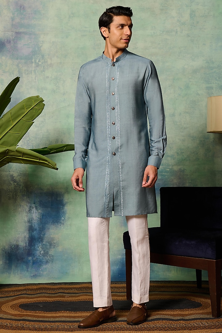 Pale Blue Cotton Tussar Embroidered Kurta by Philocaly
