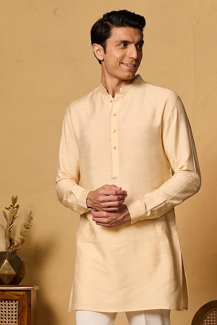 Yellow Cotton Silk Blend Short Kurta by Philocaly