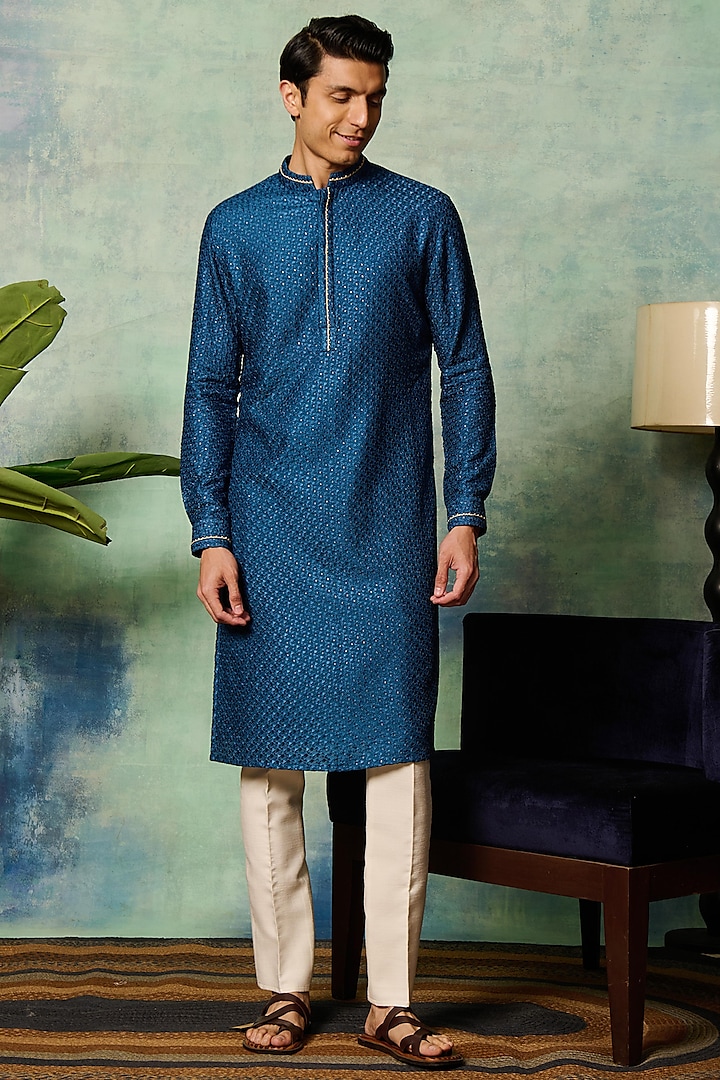 Blue Silk Blend Embroidered Kurta by Philocaly