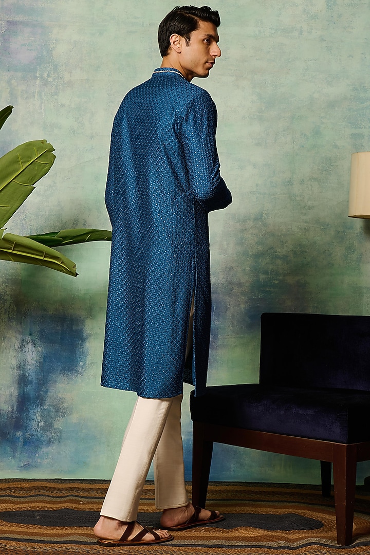Blue Silk Blend Embroidered Kurta by Philocaly at Pernia's Pop Up Shop