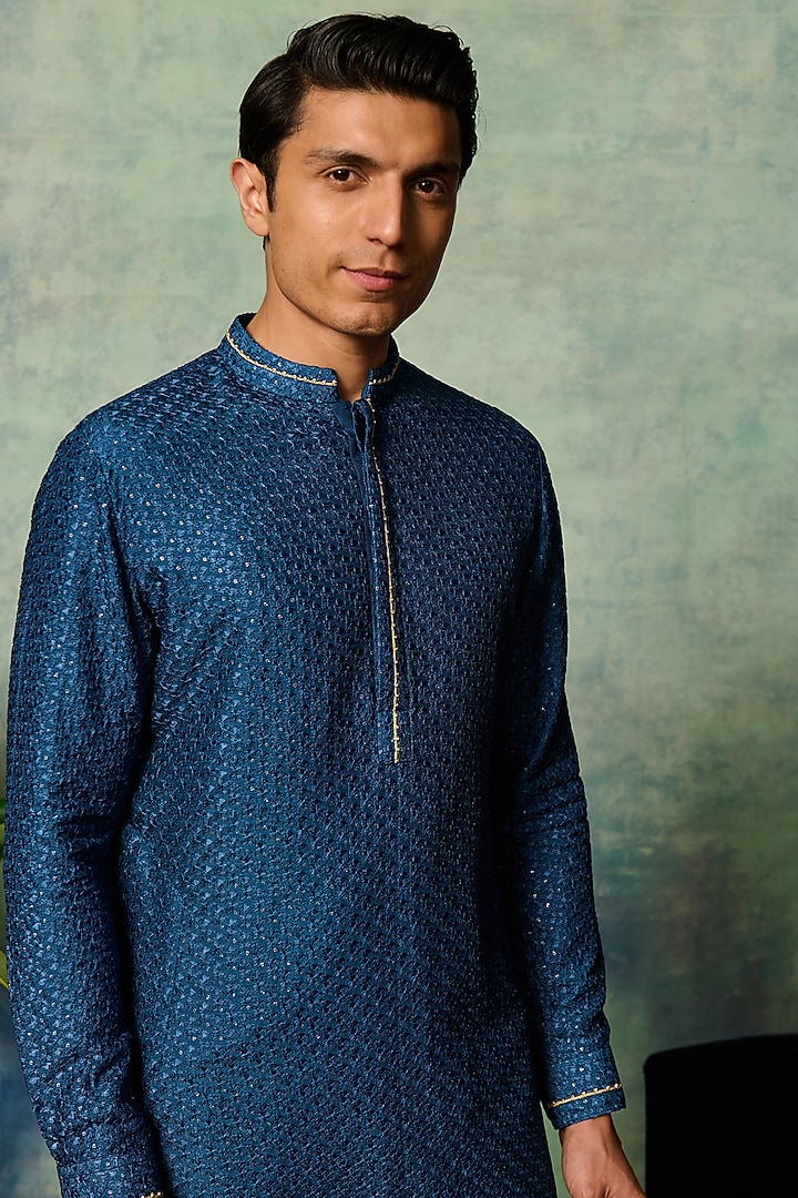 Blue Silk Blend Embroidered Kurta by Philocaly at Pernia's Pop Up Shop