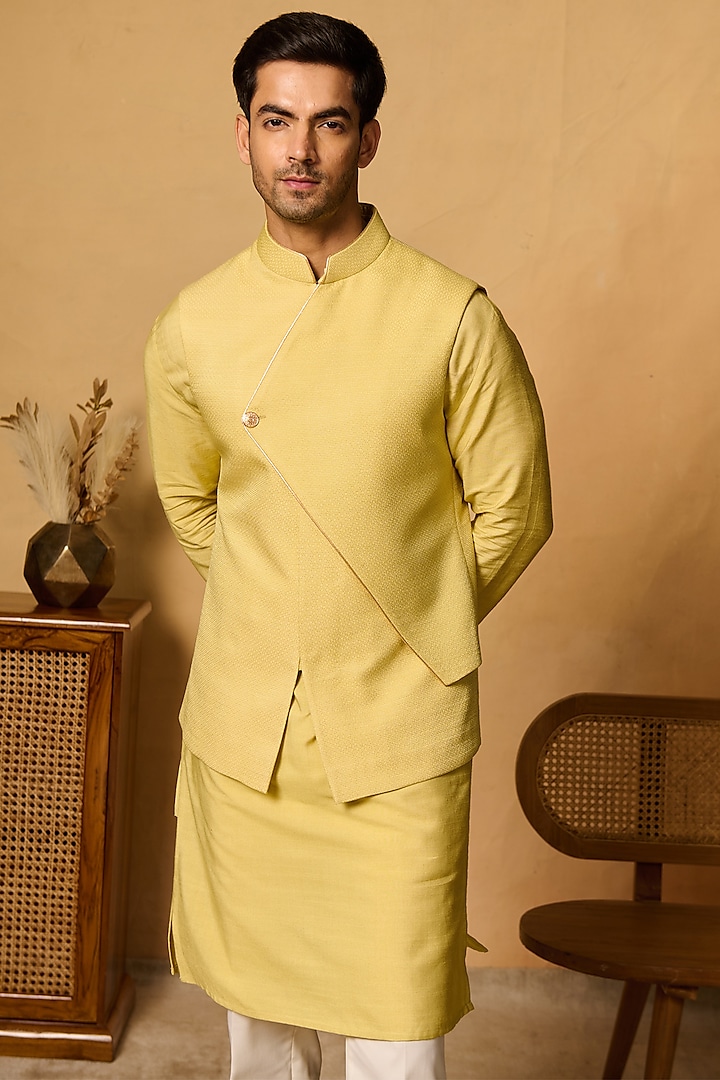 Yellow Silk Blend Bundi Jacket by Philocaly
