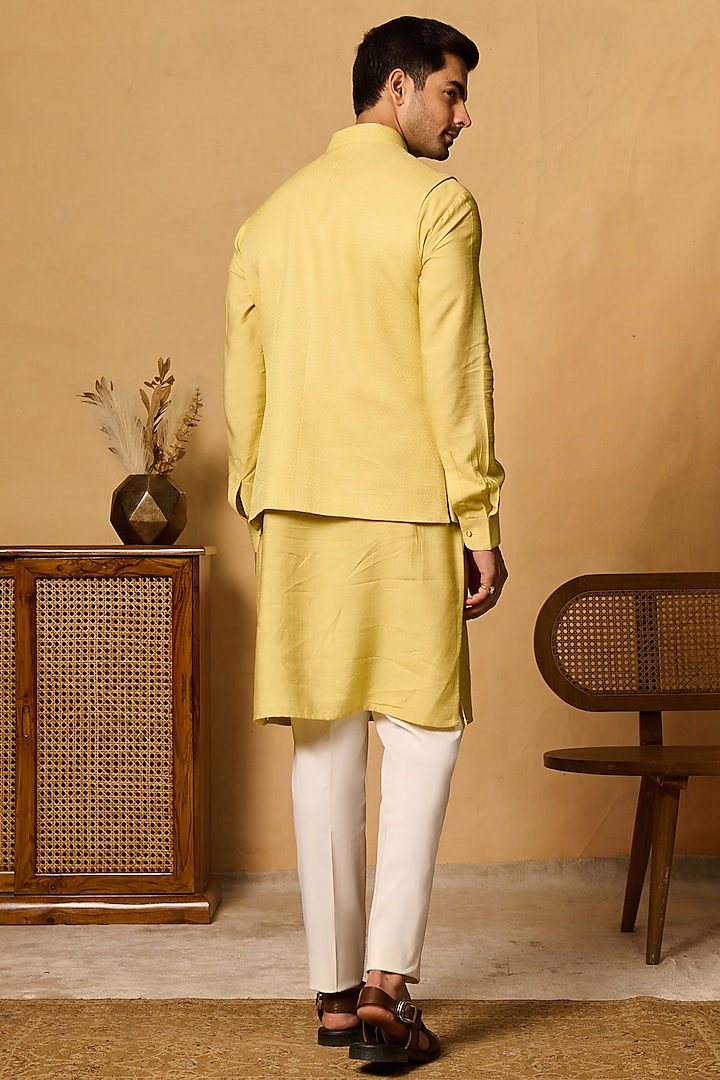 Yellow Silk Blend Bundi Jacket by Philocaly at Pernia's Pop Up Shop