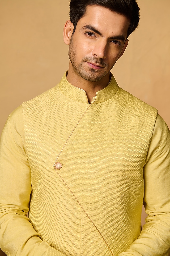 Yellow Silk Blend Bundi Jacket by Philocaly at Pernia's Pop Up Shop