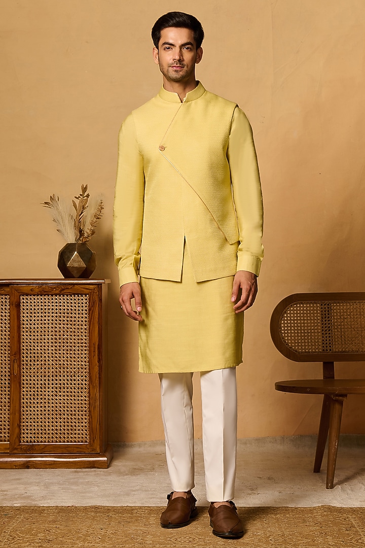 Yellow Silk Blend Bundi Jacket by Philocaly at Pernia's Pop Up Shop