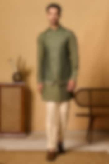 Forest Green Silk Blend Dori Embroidered Bundi Jacket Set by Philocaly