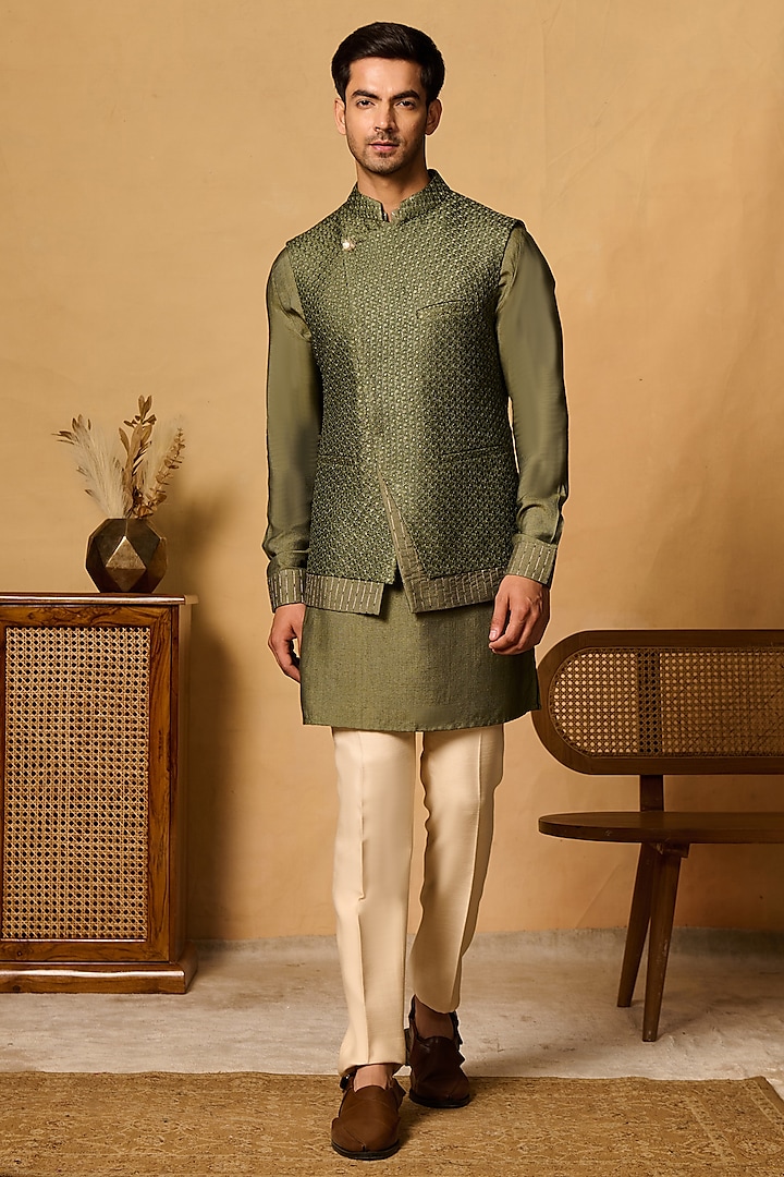 Forest Green Silk Blend Dori Embroidered Bundi Jacket Set by Philocaly