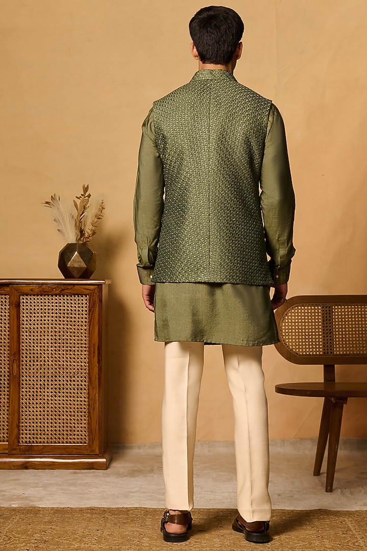 Forest Green Silk Blend Dori Embroidered Bundi Jacket Set by Philocaly at Pernia's Pop Up Shop