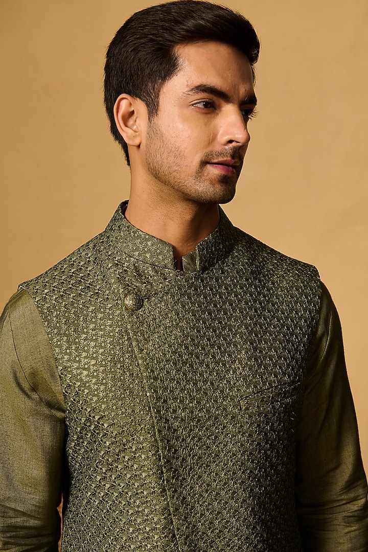 Forest Green Silk Blend Dori Embroidered Bundi Jacket Set by Philocaly at Pernia's Pop Up Shop
