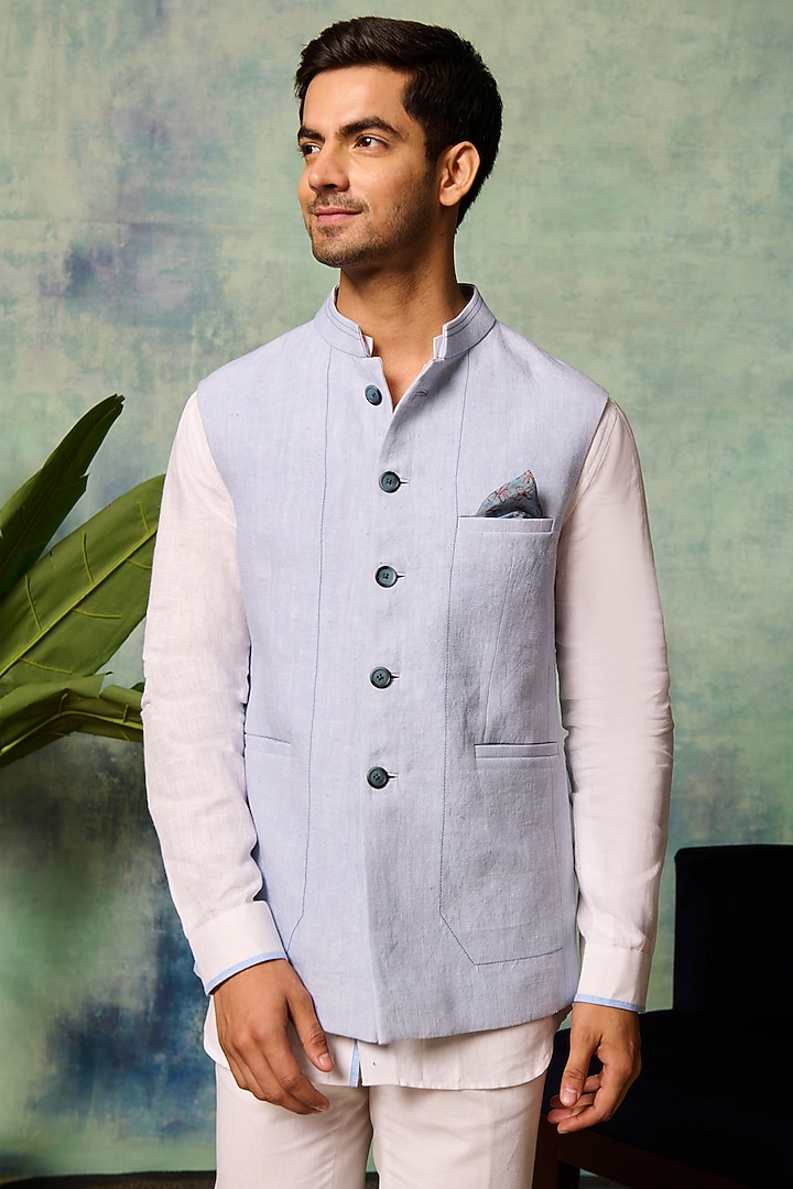 Blue Linen Bundi Jacket by Philocaly at Pernia's Pop Up Shop