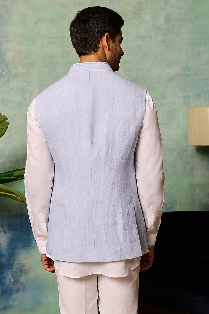 Blue Linen Bundi Jacket by Philocaly at Pernia's Pop Up Shop