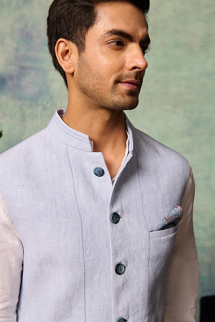 Blue Linen Bundi Jacket by Philocaly at Pernia's Pop Up Shop