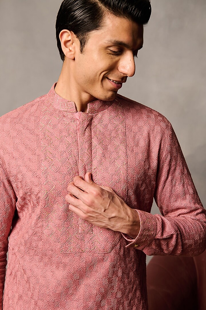 Deep Pink Silk Blend Embroideered Kurta by Philocaly at Pernia's Pop Up Shop