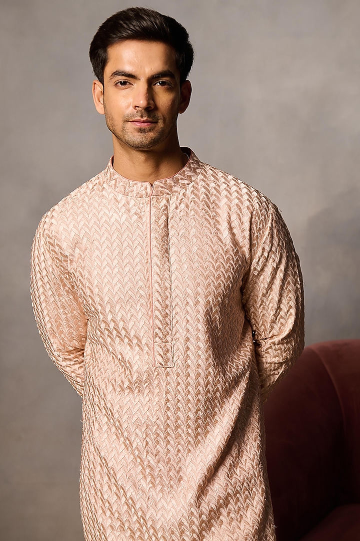 Peach Silk Embroidered Kurta by Philocaly at Pernia's Pop Up Shop