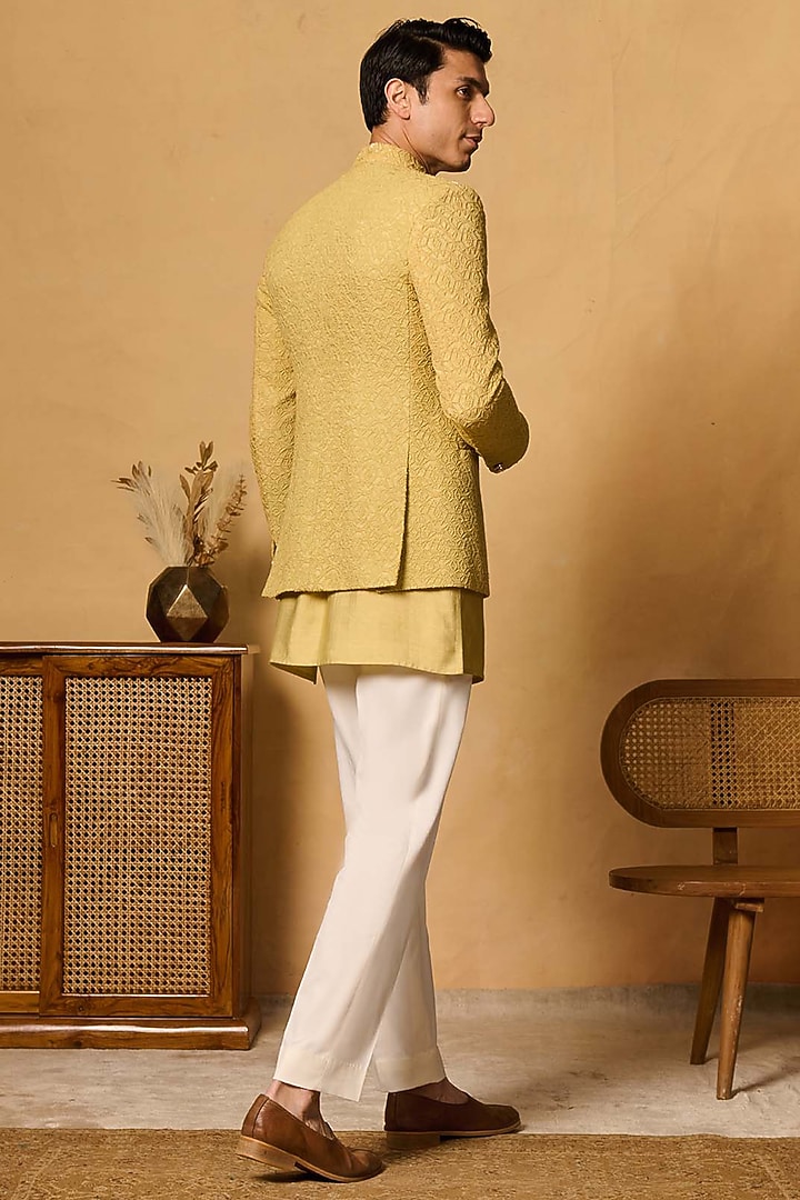 Green Silk Blend Badla Embroidered Wedding Bandhgala by Philocaly at Pernia's Pop Up Shop