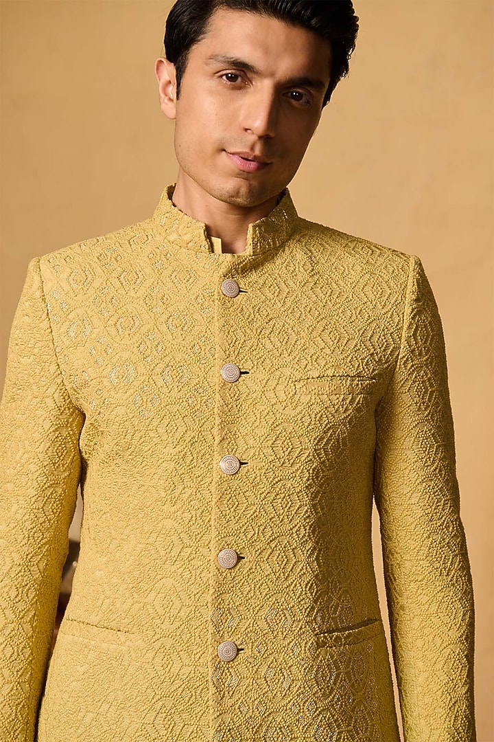 Green Silk Blend Badla Embroidered Wedding Bandhgala by Philocaly at Pernia's Pop Up Shop