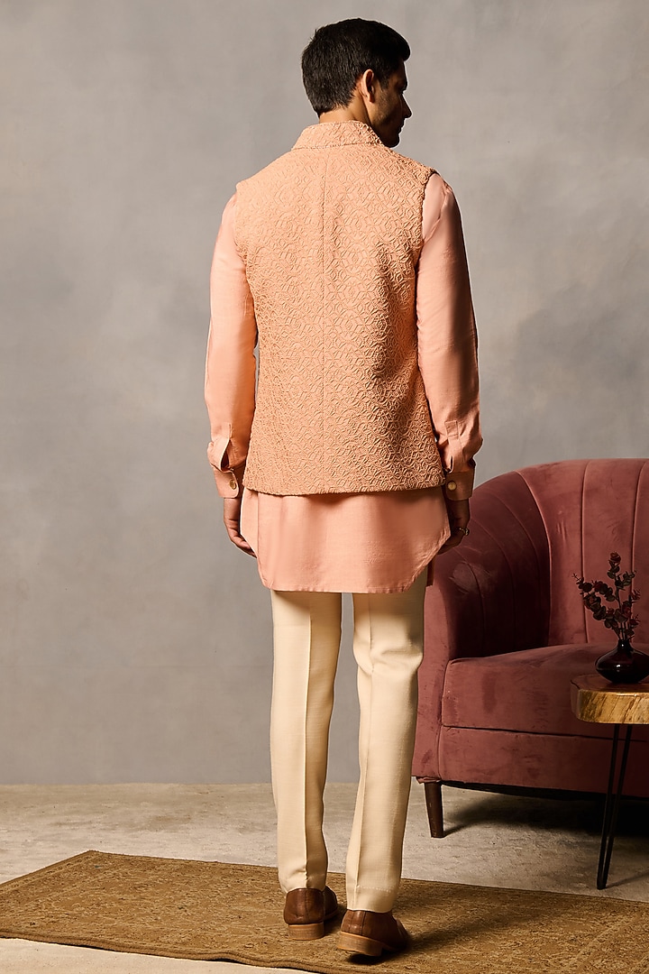 Peach Silk Blend Embroidered Bundi Jacket Set by Philocaly at Pernia's Pop Up Shop