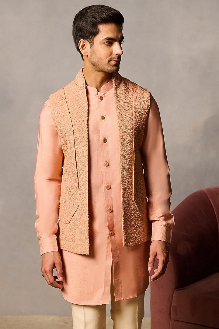Peach Silk Blend Embroidered Bundi Jacket Set by Philocaly at Pernia's Pop Up Shop