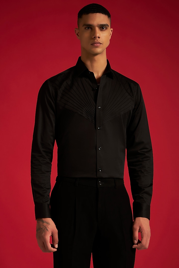 Black Cotton Micro Pleated Party Wear Shirt by Philocaly at Pernia's Pop Up Shop