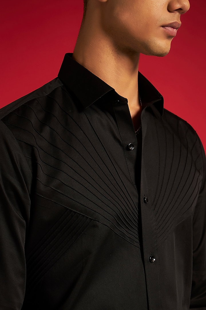 Black Cotton Micro Pleated Party Wear Shirt by Philocaly at Pernia's Pop Up Shop