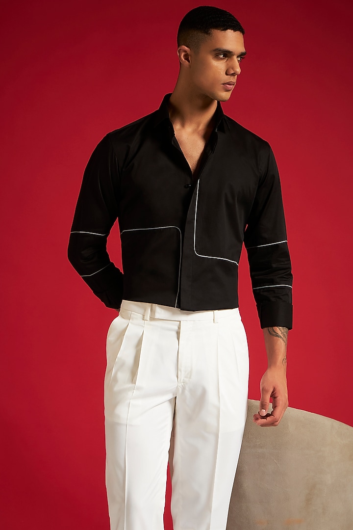 Black Cotton Piping Summer Shirt by Philocaly at Pernia's Pop Up Shop