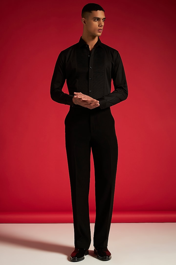 Black Cotton Pintuck Party Wear Shirt by Philocaly at Pernia's Pop Up Shop