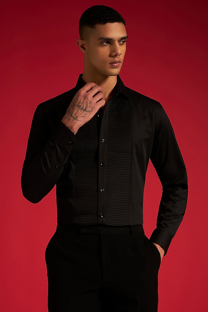 Black Cotton Pintuck Party Wear Shirt by Philocaly at Pernia's Pop Up Shop