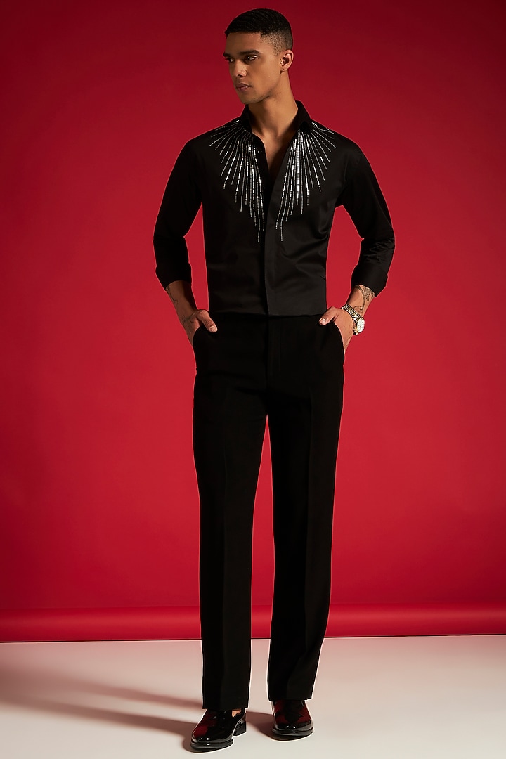 Black Cotton Hand Embellished Party Wear Shirt by Philocaly at Pernia's Pop Up Shop