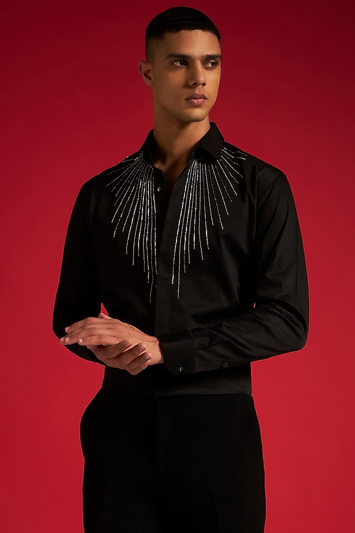 Black Cotton Hand Embellished Party Wear Shirt by Philocaly at Pernia's Pop Up Shop