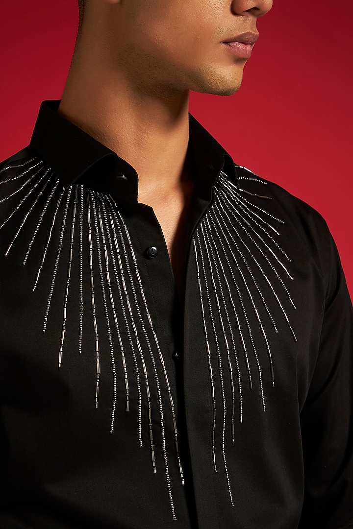 Black Cotton Hand Embellished Party Wear Shirt by Philocaly at Pernia's Pop Up Shop