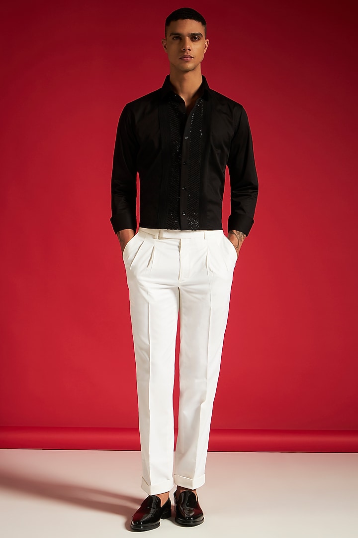 Black Cotton Bead Embellished Party Wear Shirt by Philocaly at Pernia's Pop Up Shop