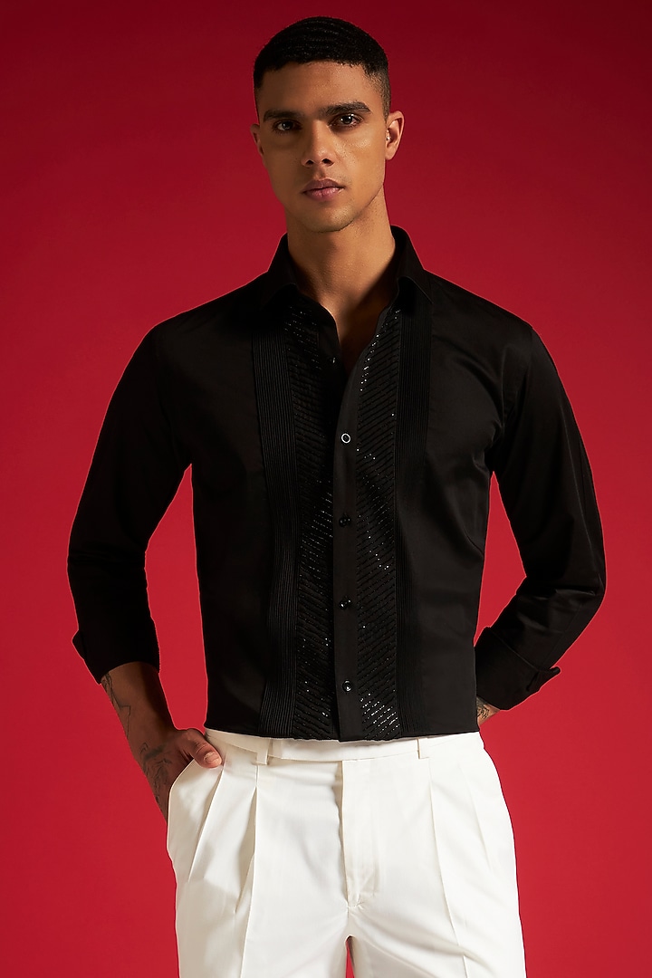 Black Cotton Bead Embellished Party Wear Shirt by Philocaly at Pernia's Pop Up Shop
