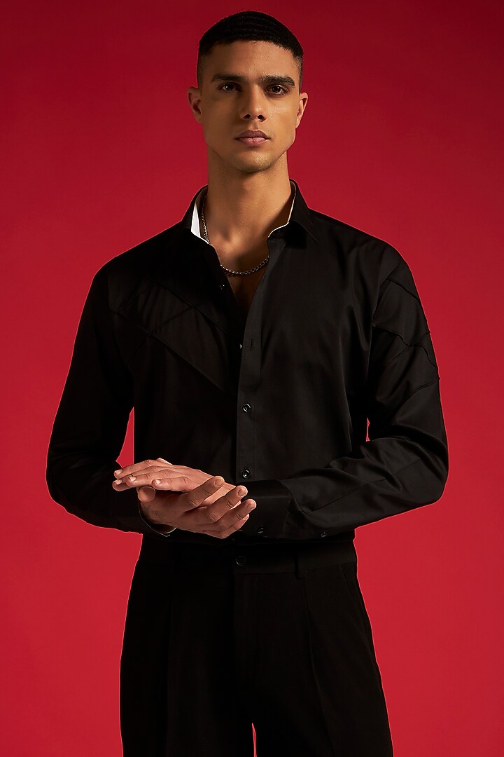 Black Cotton Pintuck Party Wear Shirt by Philocaly at Pernia's Pop Up Shop