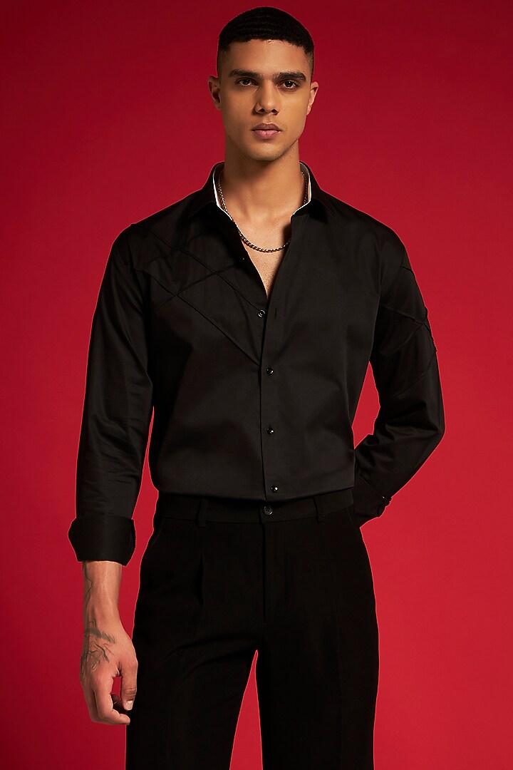 Black Cotton Pintuck Party Wear Shirt by Philocaly at Pernia's Pop Up Shop