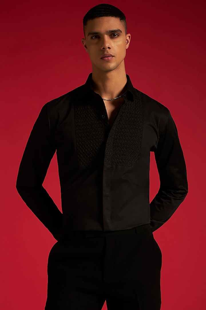 Black Cotton Smocked Bib Party Wear Shirt by Philocaly at Pernia's Pop Up Shop