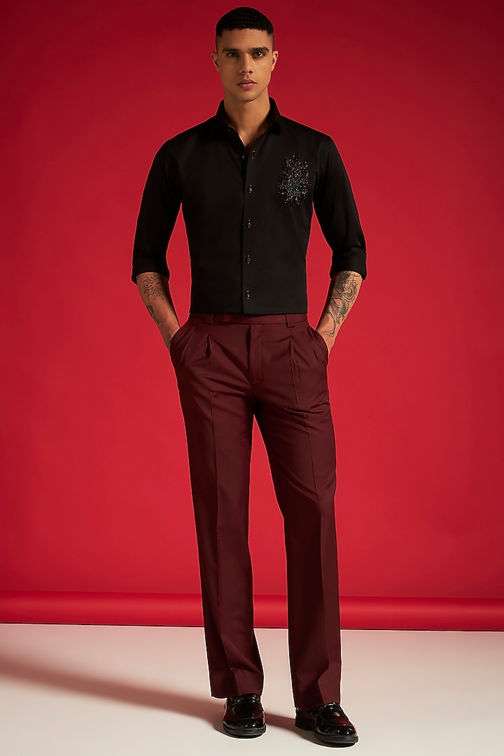 Black Cotton Crest Hand Embellished Party Wear Shirt by Philocaly at Pernia's Pop Up Shop