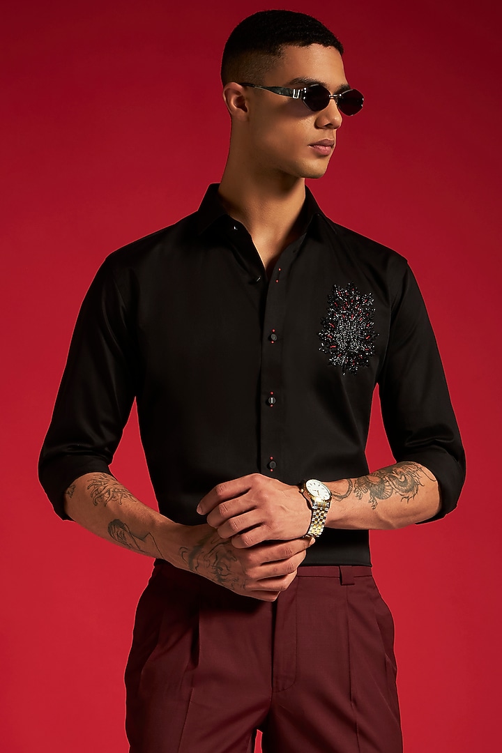Black Cotton Crest Hand Embellished Party Wear Shirt by Philocaly at Pernia's Pop Up Shop