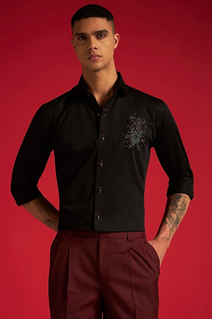 Black Cotton Crest Hand Embellished Party Wear Shirt by Philocaly at Pernia's Pop Up Shop
