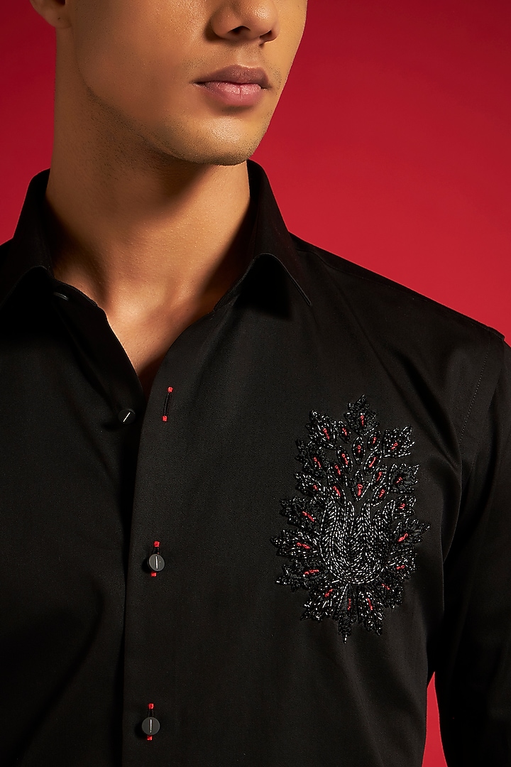 Black Cotton Crest Hand Embellished Party Wear Shirt by Philocaly at Pernia's Pop Up Shop