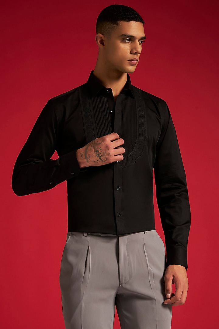 Black Cotton Pintuck Party Wear Shirt by Philocaly at Pernia's Pop Up Shop