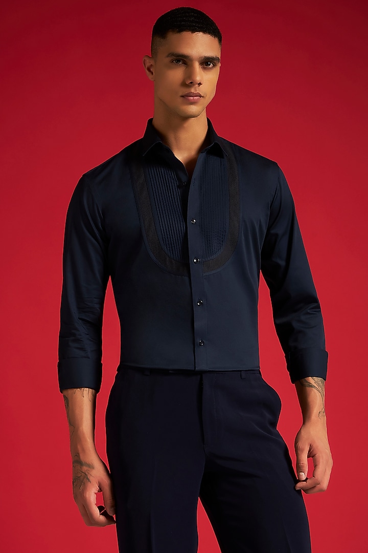 Blue Cotton Pintuck Party Wear Shirt by Philocaly at Pernia's Pop Up Shop
